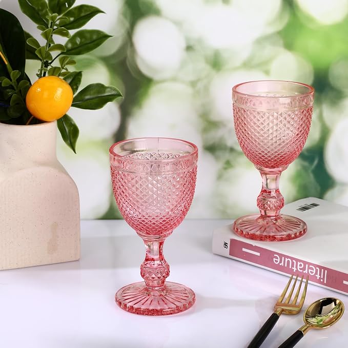 Bokon 6 Pack Pink Glass Goblets Set 10 oz High Clear Wine Glass Vintage Water Goblets Cups Embossed Diamond Design Glassware with Stem for Drinking Juice Liquor Party Wedding Bar - Image 2