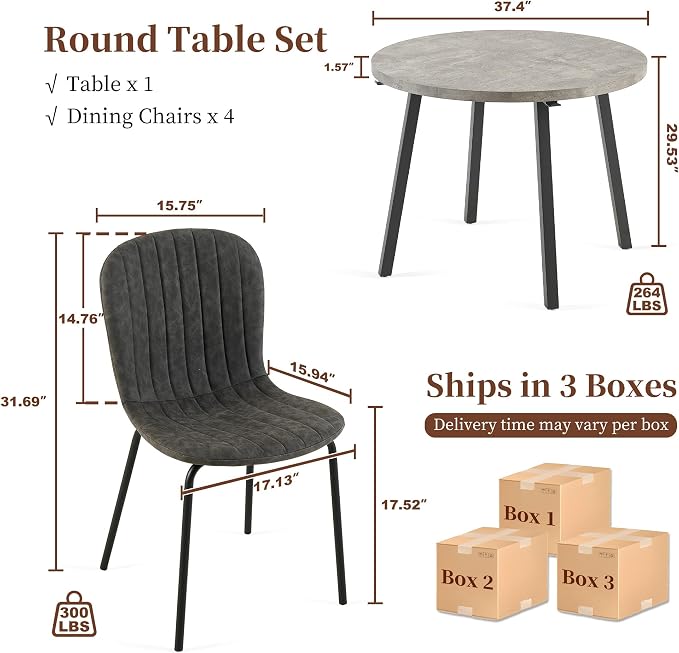 5-Pieces 37.4" Round Dining Table Set for 4,Mid Century Modern Small Coffee Table, Engineered Wood Table and Chairs Set of 4 for Kitchen, Dining Room, Office(1 Table+4 Grey PU Leather Chairs) - Image 3