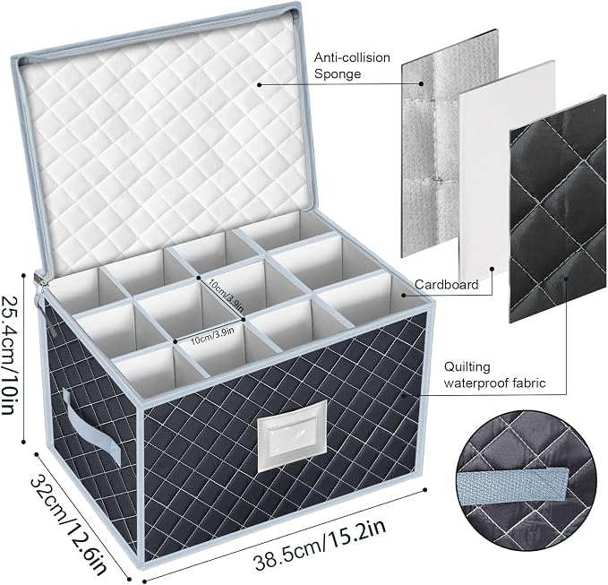 Wine Glass Storage Box with Dividers Holds 24 Stemware Storage Cases or China Crystal Glassware Containers with Handles and Lable Window (15.5" x 12.5"x10")-Set of 2 Grey - Image 5