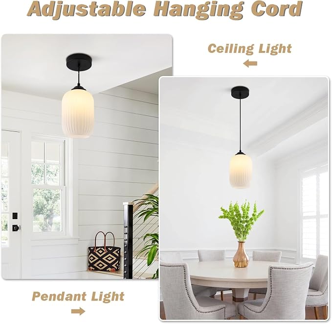 KCO Farmhouse Black Small 5.5” Ribbed Cylinder White Glass Pendant Light | Adjustable Cord E26 Hardwired Hanging Lamp Mid Century Modern Vintage Hanging Light for Kitchen Island Bedroom Dining Room - Image 7