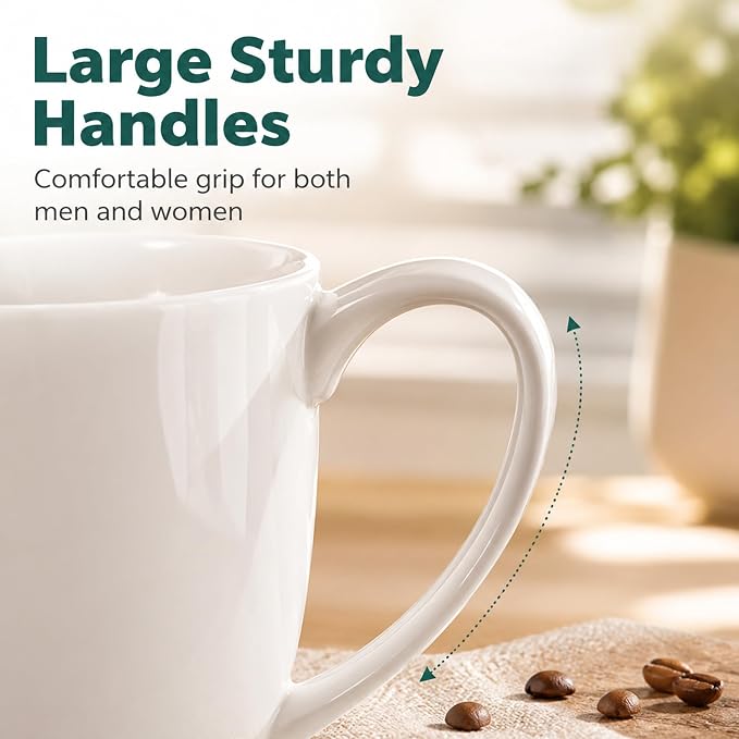 White Porcelain Coffee Mugs Set of 6, 13 Ounce Coffee Cups with Handle, Ceramic Tea Mugs for Latte, Hot Tea, Cappuccino, Mocha, Cocoa, Mug Gift Set, Dishwasher and Microwave Safe - Image 3