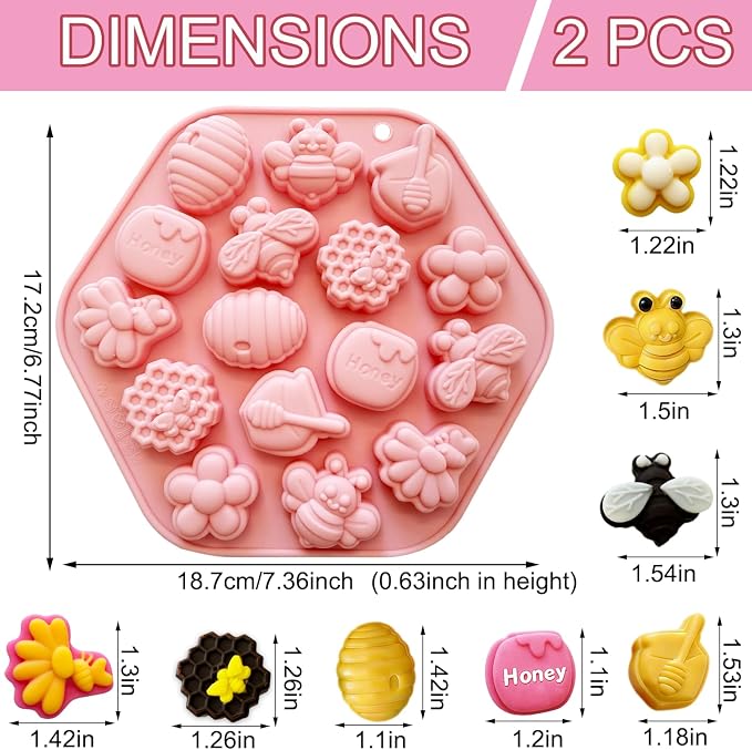2Pack Bee Silicone Molds for Chocolate, Honey Bee Chocolate Mold Honeycomb Silicone Candy Molds Flower Honey Pot Shapes for Candy, Jelly, Sugar, Gummy, Cake Decoration, Fondant, DIY Ice Cube Tray - Image 6