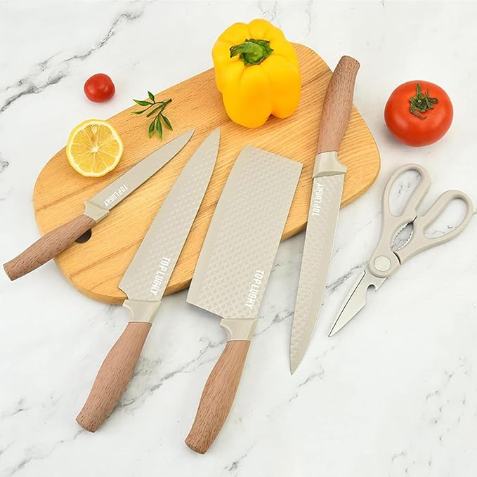 Kitchen Knife Set, Retrosohoo 6-Pieces Khaki Sharp Knife Block Sets for Kitchen, Non-stick Non-slip Stainless Steel Chef knives with Universal Block Suitable for Home Restaurant (Khaki) - Image 2