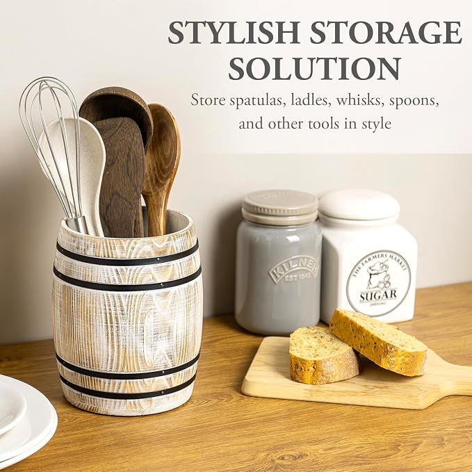 MyGift Whitewashed Wood Wine Barrel Kitchen Utensil Holder Crock | Vintage wine barrel design adds rustic charm while keeping cooking utensils organized and accessible on kitchen counters - Image 3