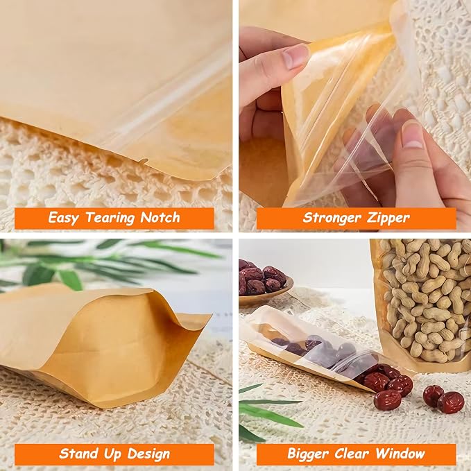 100 PCS Stand Up Pouches, 5.5 x 7.8 inch Kraft Paper Food Bags with Clear Window, Reusable Zipper Food Storage Bags Resealable Pouches for Foods, Coffee Beans, Snacks - Image 3