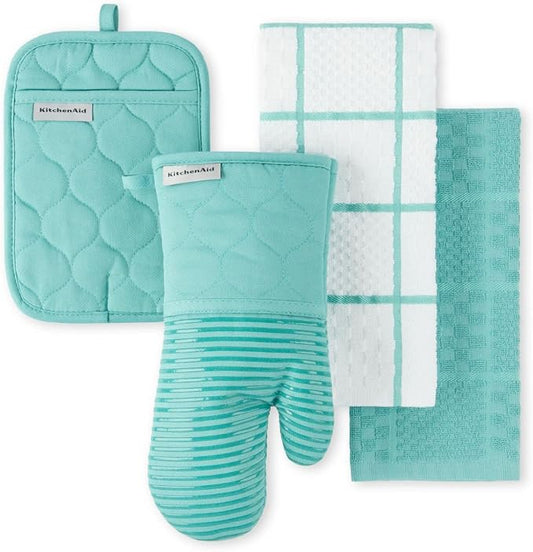 KITCHENAID Quilted Cotton Terry Cloth Oven Mitt, Pot Holder, Kitchen Towel 4-Pack Set, Heat Resistant, Silicone Grip, 16"x26", 7"x13" & 7"x10", Aqua Sky by KitchenAid