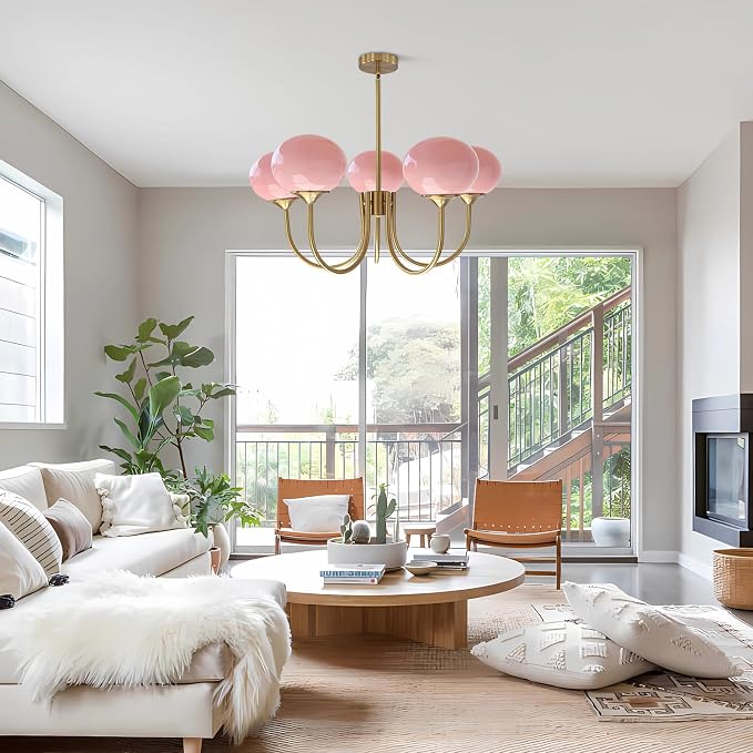5-Light Pink Glass Ceiling Light Brass Gold Globe Pendant Light Modern Pink Bubble Chandelier Girls Bedroom Chandelier Light Fixture - Image 4