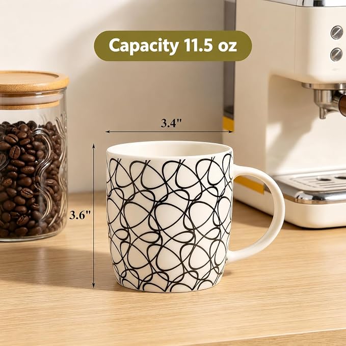 Okllen 6 Pack 11.5 Oz Coffee Mugs Geometric Textured, Ceramic Coffee Mugs Stylish Tea Cup Mugs Set Gift for Latte, Cappuccino, Milk, Water, Cocoa, Cereal, Black and White - Image 2