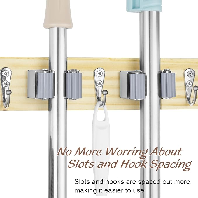 OUTNILI Mop and Broom Holder Wall Mount - Light Wood Broom Mop Hanger - Wall Mounted Garden Tool Rack Organizer for Closet Garage Laundry Room Kitchen With 4 Slots & 4 Hooks - Image 5