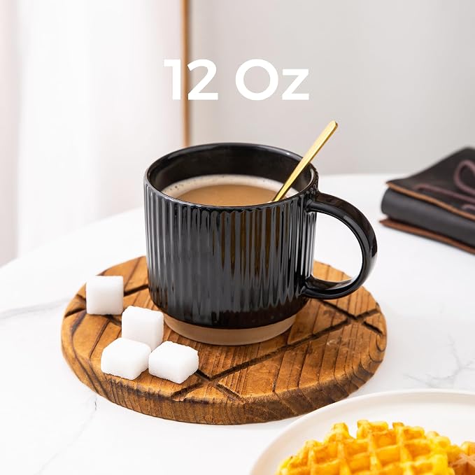 GBhome 12 OZ Stackable Coffee Mugs Set of 6, Ceramic Black Coffee Cups Set | 3 Assorted Designs, Embossed Mugs with Texture Patterns for Tea/Latte/Cappuccino, Dishwasher&Microwave Safe - Image 2