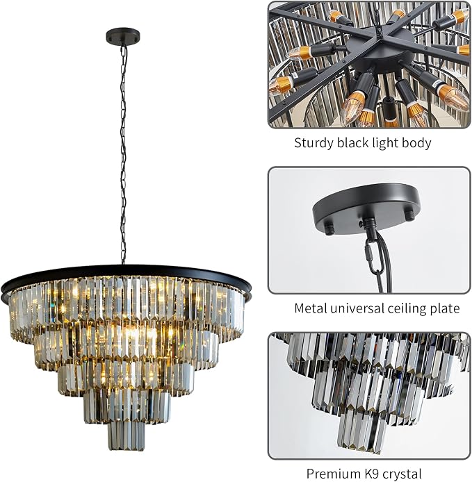 Smoke Gray Crystal Chandelier Modern Large Dining Room Light Fixture | 30''Big Black Round Chandelier,5-Tier K9 Crystal Luxury High Ceiling Pendant for Living Room,Kitchen,Foyer,Staircase,Entryway - Image 8