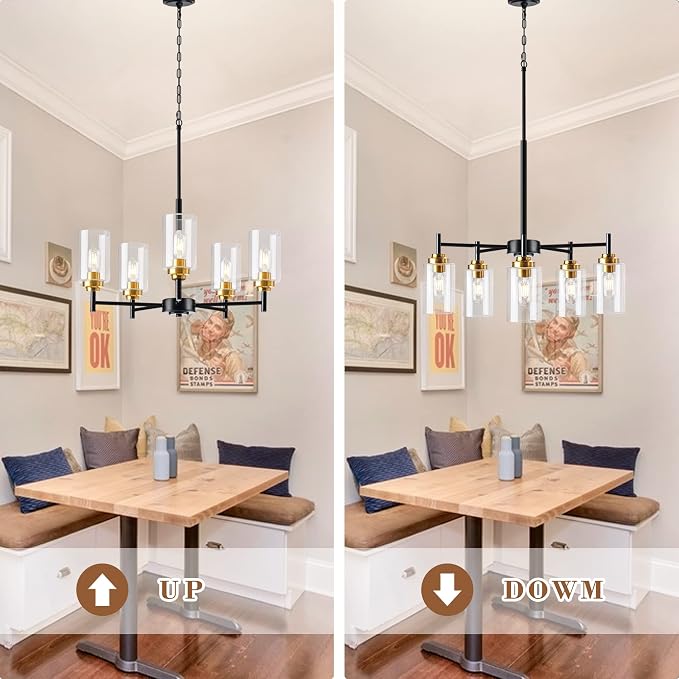 Kitchen Island Lighting - 5 Lights Modern Glass Chandelier for Dining Room, Farmhouse Pendant Light Over Table for Foyer Living Room Bedroom (Black and Gold) - Image 8