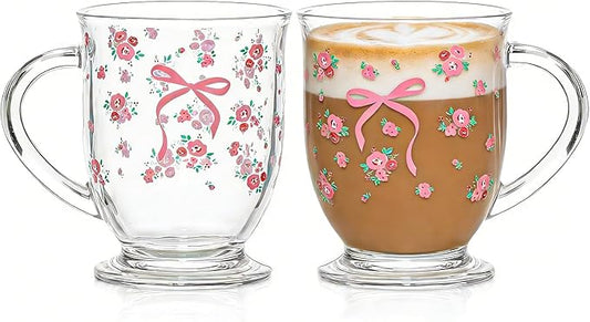 KEMORELA 16oz Gifts for Mom Women Mothers Day Valentines Day Gifts Glass Coffee Cute Pink Bow Mug Best Birthday Valentine's for Her Girlfriend Wife from Daughter Son Tea Cup Christmas Stocking Stuffer by KEMORELA