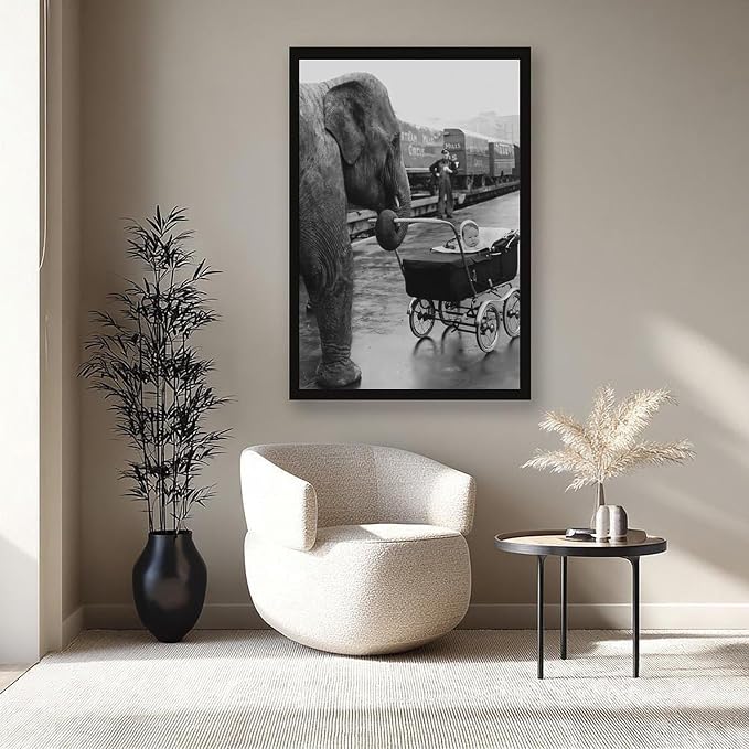 Elephant Pushing A Baby Carriage, London 1950, Black And White Vintage, Funny Animal Poster Canvas Poster Wall Art Decor Print Picture Paintings for Living Room Bedroom Decoration Black Frame 24x36in( - Image 8