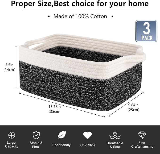 OIAHOMY 3 Pack Storage Baskets for Organizing, Woven Cotton Rope Basket for Shelves, Closet Organizer Bins with Handles, Rectangle Toy Organization, 13.78''×9.84''×5.5'', Black & White - Image 3