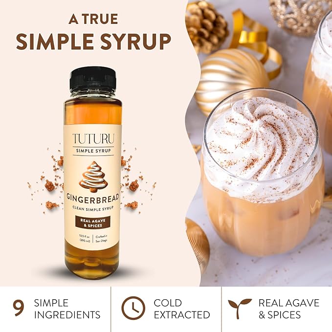 Gingerbread Simple Syrup for Coffee, Cocktails, Matcha - Sweetened with Agave Nectar - Infused with Real Gingerbread Spices - 13.5 oz