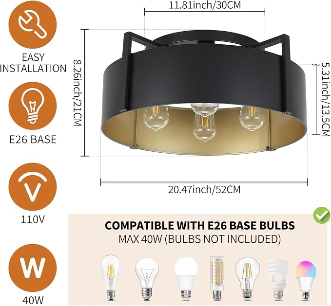 20'' Black Semi Flush Mount Ceiling Light, Modern Farmhouse Hallway Entryway Light Fixtures, 4-Light Rustic Foyer Lighting Fixtures Ceiling Lights for Kitchen Island Bedroom Dining Room - Image 3