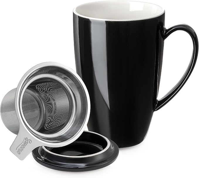 Sweese 15 OZ Porcelain Tea Mug with Infuser and Lid, Loose Leaf Tea Cup, Gifts for Tea Lover, Black by Sweese