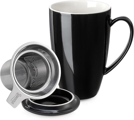 Sweese 15 OZ Porcelain Tea Mug with Infuser and Lid, Loose Leaf Tea Cup, Gifts for Tea Lover, Black by Sweese