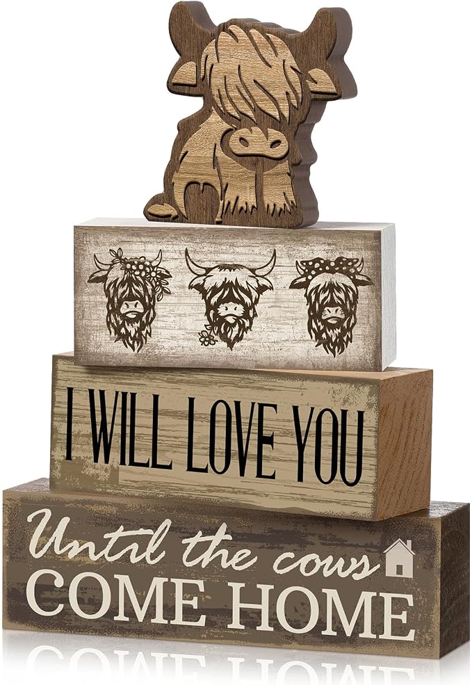 Moucuny 4 Pcs Highland Cow Table Decorations Rustic Western Tiered Tray Decor Decorative Highland Cow Block Signs Western Tabletop Centerpieces Farmhouse for Home Desk Room Kitchen Shelf Decor by Moucuny