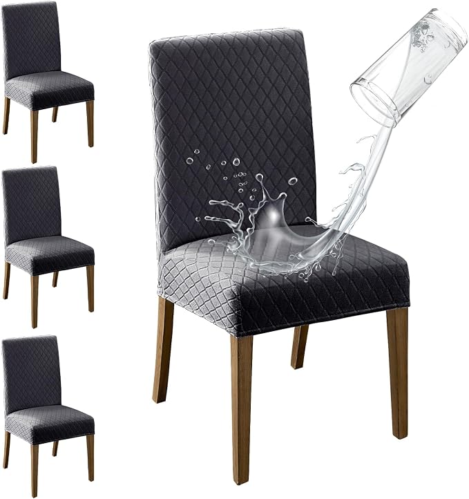 MOSAYT 100% Waterproof Dining Room Chair Covers Set of 4, Super Fit Stretch Jacquard Parson Chairs Slipcovers Removable Washable Chair Seat Protectors for Home, Kitchen, Banquet (Dark Grey - XL) by MOSAYT