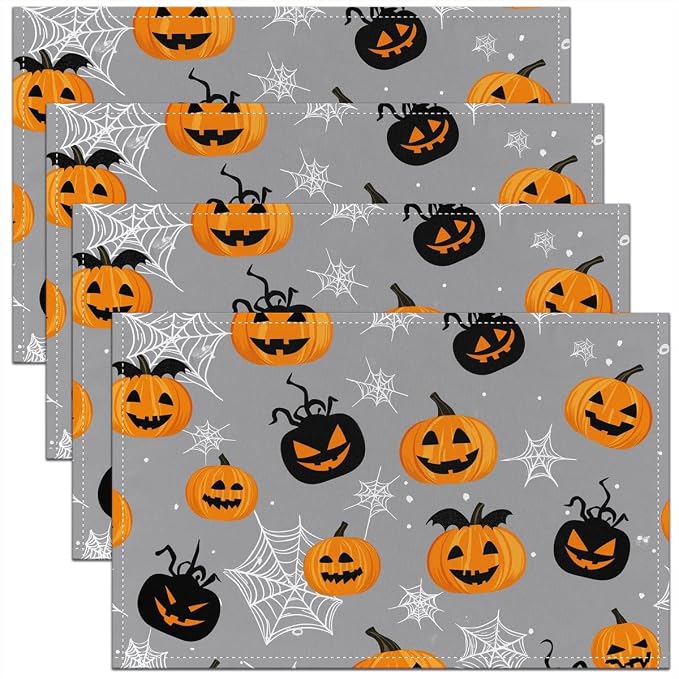 Feelyou Happy Halloween Placemats Set of 4 Pumpkin Lantern Table Mats Gray Orange Black Place Mat for Kitchen Dining Table Party Decor Indoor Outdoor 18"x12" Non-Slip Easy to Clean Spider Web by Feelyou
