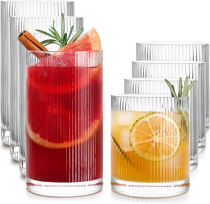 Drinking Water Glass Cups Set,Crystal Clear ribbed Glass set of 8,17oz&12oz | Unique Design Vintage Cocktail Glass, Tall Glass Cups Ideal for Ice Coffee Cup, Whiskey, Mixed Drinkware by LUNAMANTHA