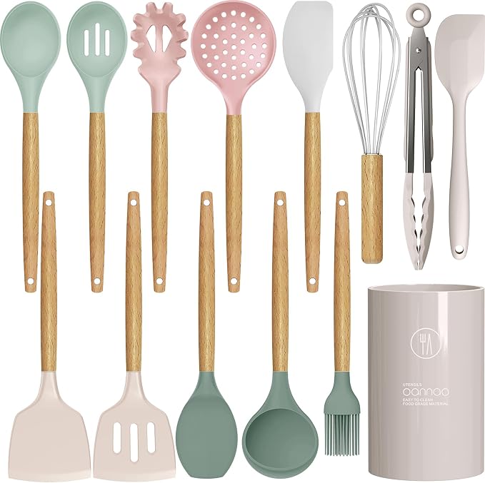 oannao Silicone Cooking Utensils Set - 446°F Heat Resistant Silicone Kitchen Utensils for Cooking,Kitchen Utensil Spatula Set w Wooden Handles, BPA FREE Gadgets for Non-Stick Cookware (Colorful) by oannao
