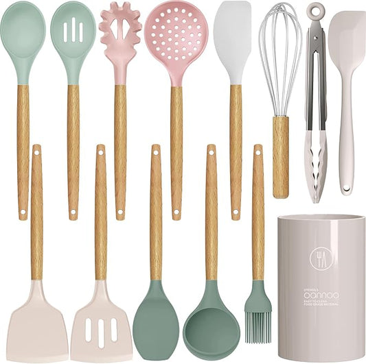 oannao Silicone Cooking Utensils Set - 446°F Heat Resistant Silicone Kitchen Utensils for Cooking,Kitchen Utensil Spatula Set w Wooden Handles, BPA FREE Gadgets for Non-Stick Cookware (Colorful) by oannao
