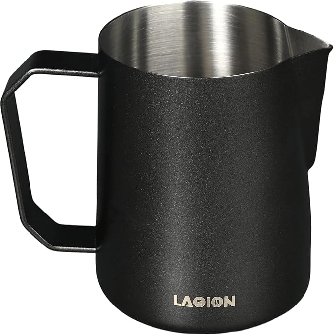 Milk Frother Cup Milk Frothing Pitcher, Stainless Steel Milk Steamer Cup for Espresso Machines, Barista Grade Latte Art Pitcher at home, Advanced Barista Approved Tools 15.2oz(450ml), Black
