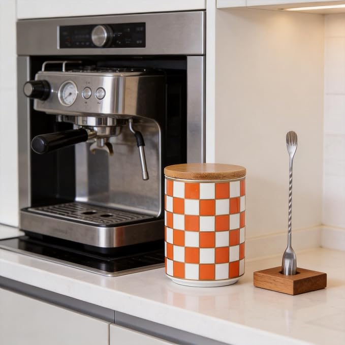Kitchen Countertop Ceramic Checkered Canisters,Black And White Food Storage Containers With Lid,Airtight Kitchen Canisters for Flour, Sugar, Coffee, Tea, and Dry Goods (Orange, Small) - Image 7