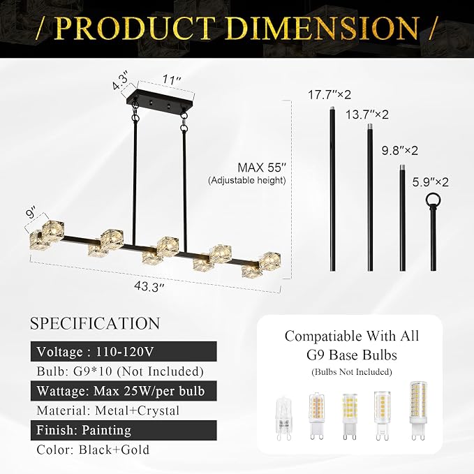 Black Gold Crystal Chandelier 10-Light L 43" Modern Sputnik Ceiling Pendant Light Fixture Industrial Adjustable Hanging Lights for Dining Room Kitchen Island Living Room Bar - Image 3