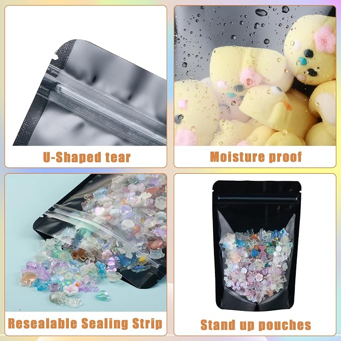 100 Pcs Mylar Bags for Food Storage, 8x12 Mylar Bag with Window Stand Up, Large Holographic Resealable Bags Smell Proof Bag Food Packaging for Small Business Freeze Dried Candy Jewelry Foil Packaging - Image 2