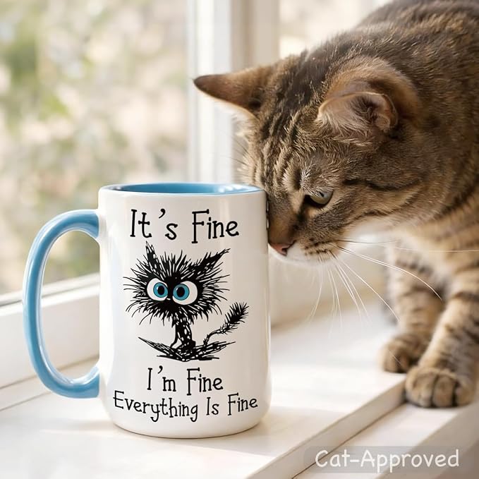Funny Black Cat Coffee Mug, 15oz I Am Fine Everything's Fine Mug | Microwave & Dishwasher Safe, Gag Gift for Cat Lovers, Large Ceramic Mug, Double-Sided Print - Image 4