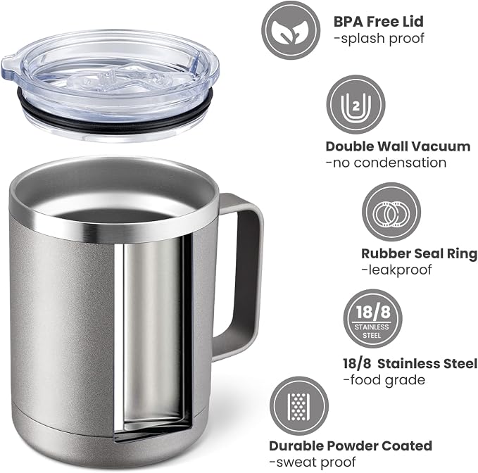 MEWAY 12oz Coffee Mug With Handle 4 Pack Bulk,Stainless Steel Insulated Travel Tumblers With Sliding Lid,Double Wall Vacuum Camping Cup for Hot & Cold Drinks Tea (Cold Grey,Set of 4) - Image 2