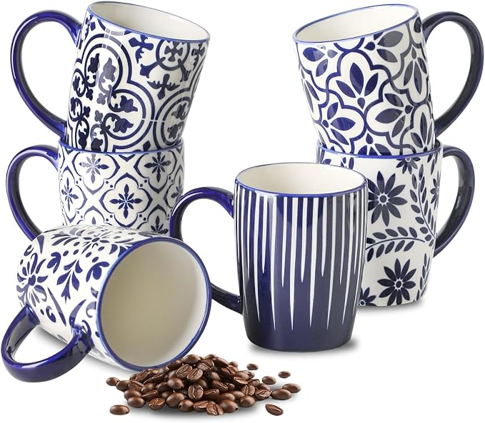 HASENSE Coffee Mugs Set of 6, 16OZ Ceramic Coffee Mugs with Blue and White Floral Patterns, Elegant Large Coffee Cups for Coffee, Tea, Latte & Cappuccino, Microwave & Dishwasher Safe, Vintage Blue by Hasense