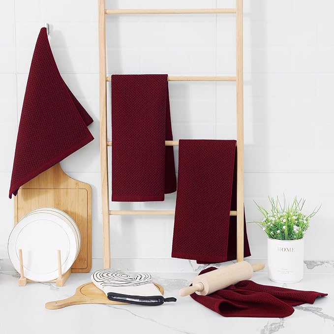 Homaxy 100% Cotton Waffle Weave Kitchen Dish Towels 12-Pack, Burgundy | 13 x 28 Inches, Ultra Soft Absorbent Dish Towels, Quick Drying Cleaning Towels - Image 6