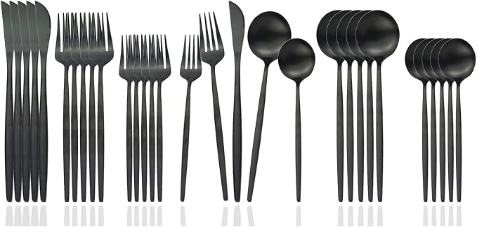 JASHII Flatware Silverware Set Stainless Steel Satin Finish Cutlery Set Service for 6, 30-Piece Spoons And Forks Kitchen Utensil Set, Dishwasher Safe (Matte Black) by JASHII