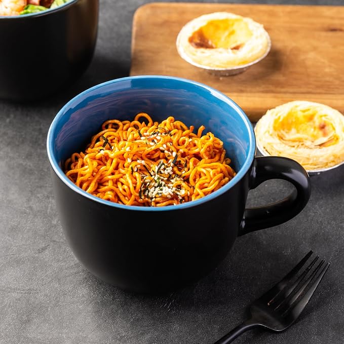 GBhome Jumbo Soup Mugs with Handles, 24 Oz Large Coffee Mugs Set of 4 | Ceramic Soup bowls for Soup Cereal Snacks Salad Noodles Cups, Microwave safe - Matte Black, Blue Inside - Image 4