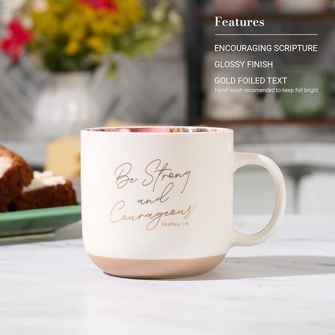 Christian Art Gifts Ceramic Floral Coffee Mug for Women: Strong & Courageous Bible Verse, Encouraging Gift for Women, Novelty Cup, Clay Base, Sturdy Handle, White & Gold, 14 oz. - Image 3