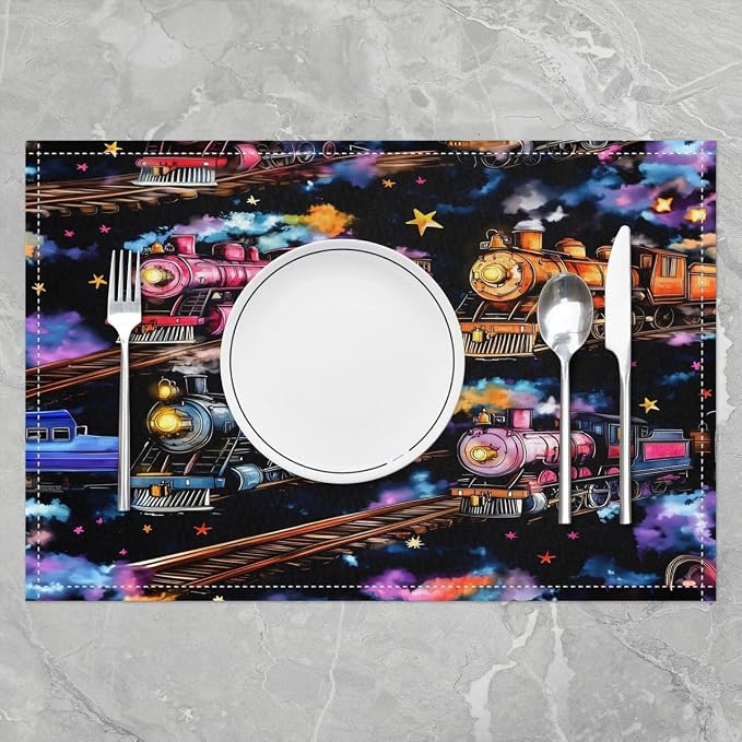 Feelyou Train Placemats Set of 4 12x18 Inch Cartoon Train Transportation Table Mats for Party Kitchen Dining Decoration Holiday Seasonal Transportation Vehicle Place Mat for Dinner Table Decor - Image 2