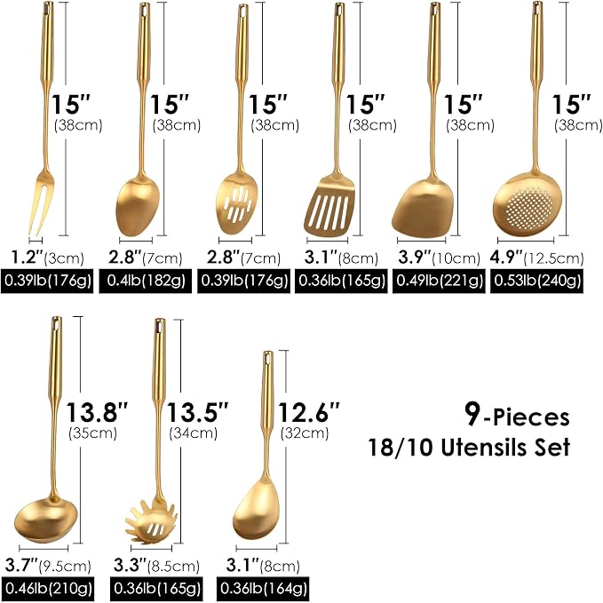 Gold Kitchen Utensils Set - 15" All Metal Cooking Tools Set of 9 | 18/10 Stainless Steel Cooking Utensils - Fork, Solid/Slotted Spoon, Spatula, Ladle, Skimmer, Turner, Pasta Spoon, Large Spoon - Image 2