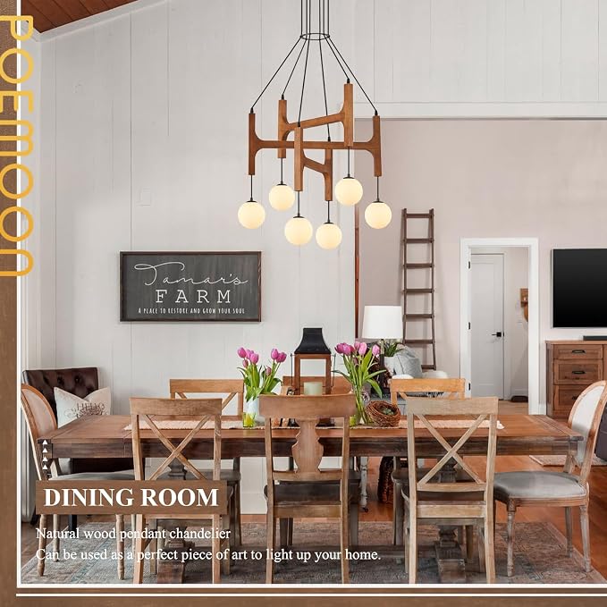 Farmhouse L28 '' Wooden Chandeliers with Milk Glass Globes Lampshades, Rustic Unique Mid Century Long 6-Light Pendant Chandelier for Living Dining Room Entryway Bedroom Kitchen,G9,Wood Stained Walnut - Image 2