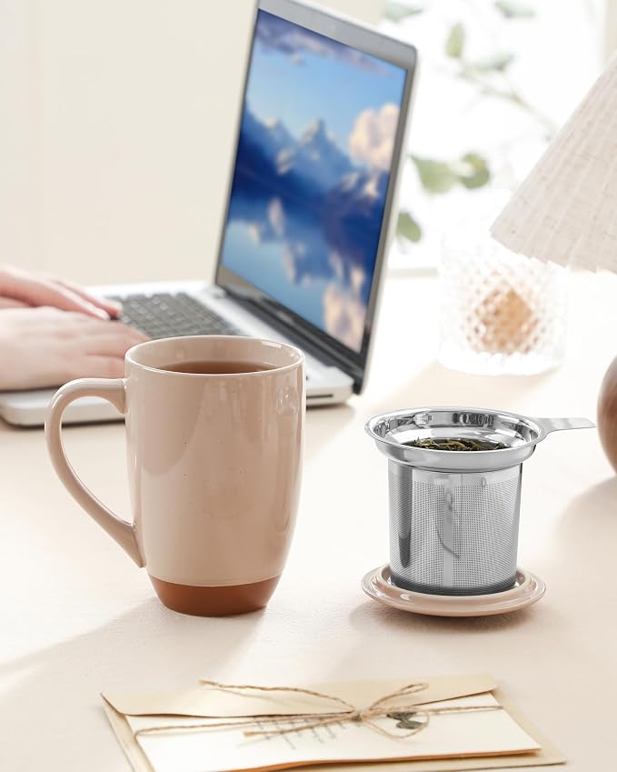 MALACASA Ceramic Tea Mug with Lid and Stainless Steel Infuser, 18 oz Large Tea Cup for Loose Leaf Tea, Heat-Resistant, Microwave & Dishwasher Safe, Speckled Glaze Coffee & Tea Brewer Mug, Khaki Pink - Image 6