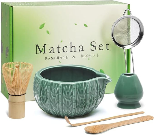 6-Piece Matcha Set, Matcha Whisk (Chasen) & Holder, Matcha Bowl with Spout, Sifter & Spoon, Bamboo & Ceramic, Dark Green