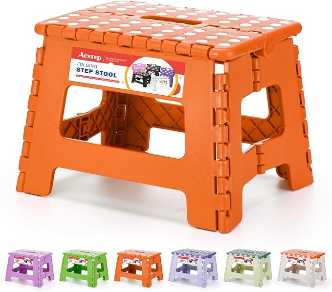 ACSTEP Folding Step Stool 9 Inch for Kids and Adults, 300 lbs, Orange | Lightweight Plastic Small Foldable Step Stool with Handle, Non-Slip, for Kitchen, Bathroom, Bedroom and Closet by ACSTEP