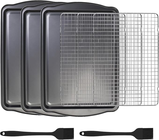 ShineMe Baking Sheet Pan with Cooling Rack 3 Pack, Nonstick Sheet Pan with Wire Rack and Silicone Pastry Brush, Carbon Steel Baking Pans for Cookie, Bacon and Vegetables 17x12x0.5in by ShineMe