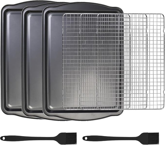 ShineMe Baking Sheet Pan with Cooling Rack 3 Pack, Nonstick Sheet Pan with Wire Rack and Silicone Pastry Brush, Carbon Steel Baking Pans for Cookie, Bacon and Vegetables 17x12x0.5in by ShineMe