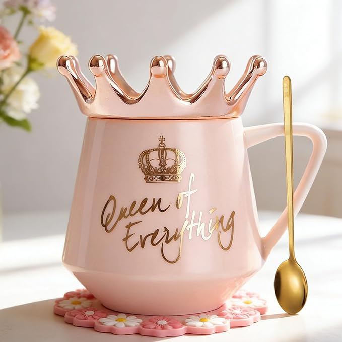 Arawat Pink Queen of Everything Mug with Lid Cute Pink Cup with Crown 12 oz Tea Coffee Mugs Gift with Spoon & Coaster Ceramic Cups Birthday Gifts for Women Girls Friend Valentine's Day Gifts for Women by ARAWAT