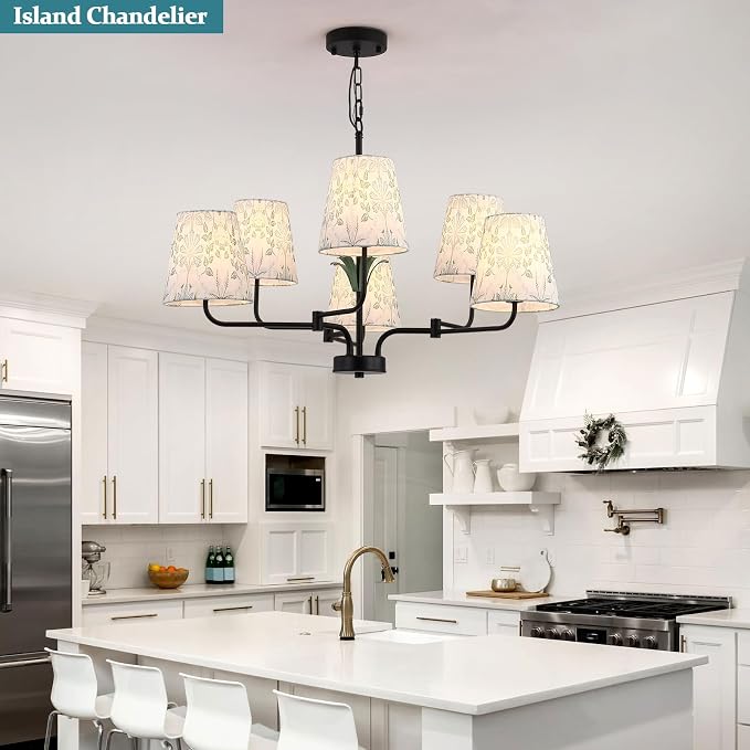 Black Chandeliers with White Fabric Shade, Farmhouse Green Plants Chandelier for Dining Room, Linear Island Lighting Fixture for Kitchen, Industrial, Foyer, Entryway, Living Room,Nature - Image 4